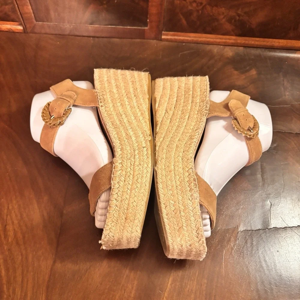 Boden Beige Leather Espadrille Platform‎ Wedge Sandals Women's EU 38 US 7.5 8